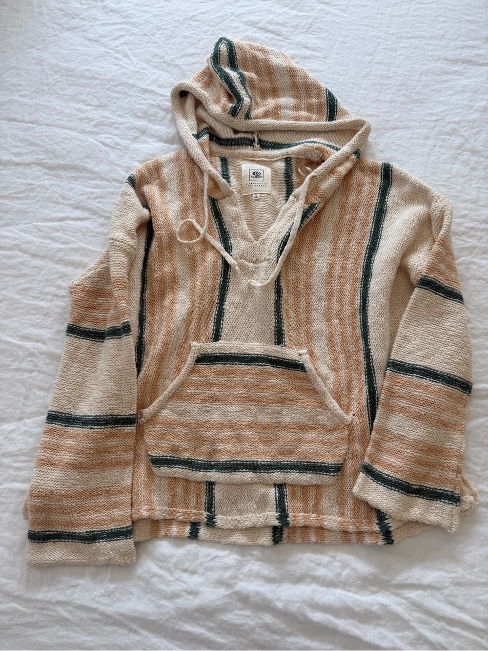 Rip Curl Hooded Baja Pullover Sweater - Beige & Green Stripe